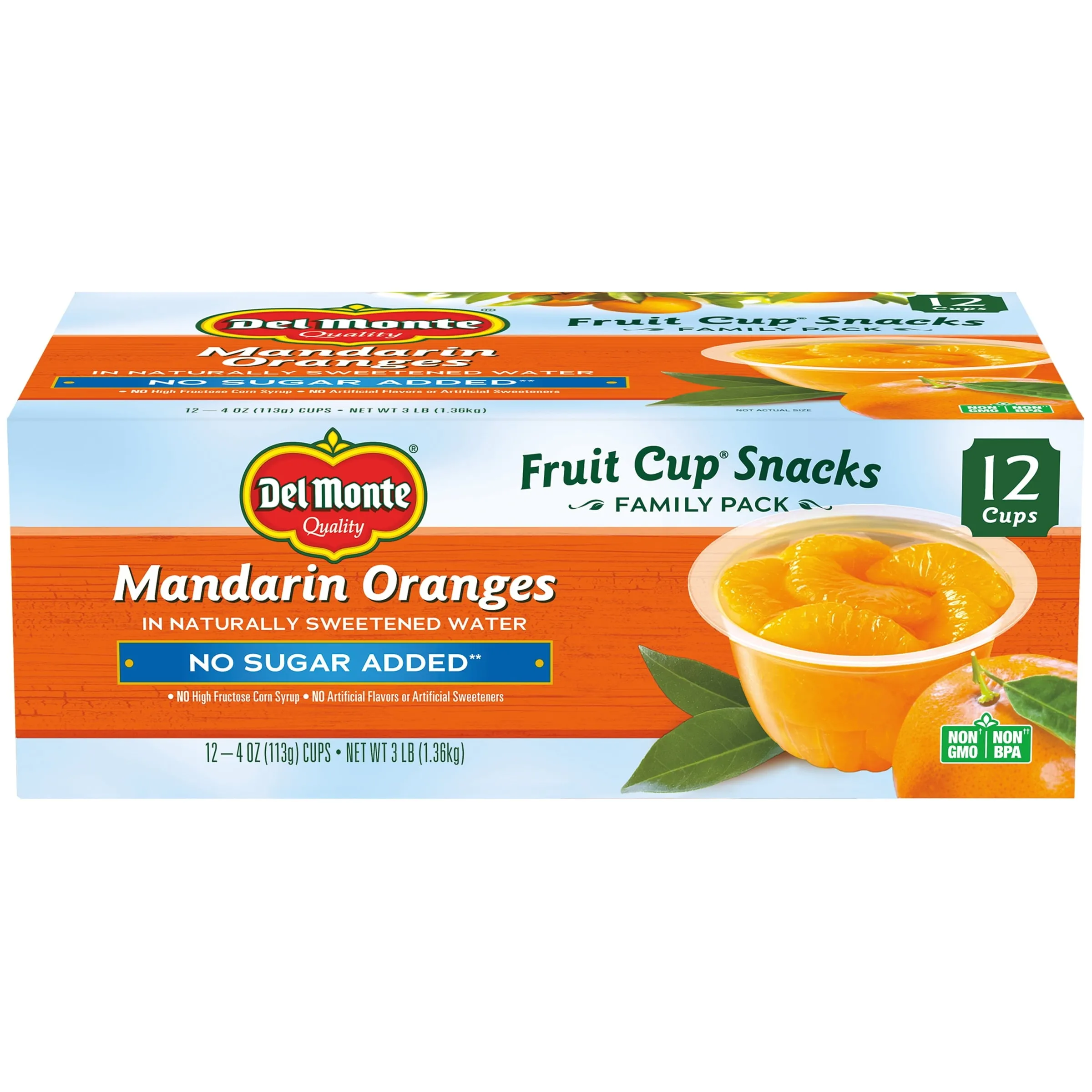 (12 Cups) Del Monte Mandarin Oranges Fruit Cups, No Sugar Added, 4 oz