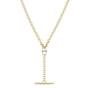 14k 3 Prong Diamond Open Link Pavé Diamond Toggle Rolo Chain Lariat