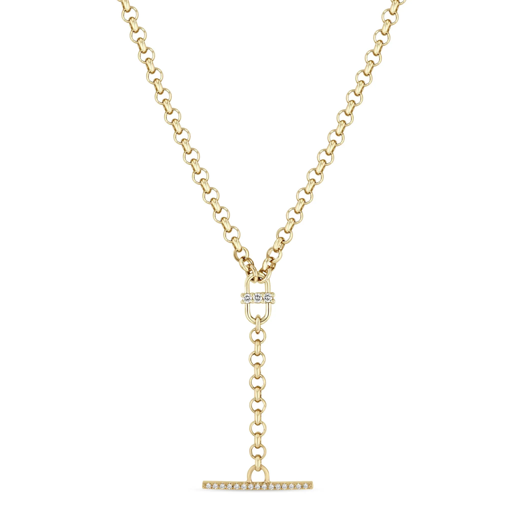 14k 3 Prong Diamond Open Link Pavé Diamond Toggle Rolo Chain Lariat