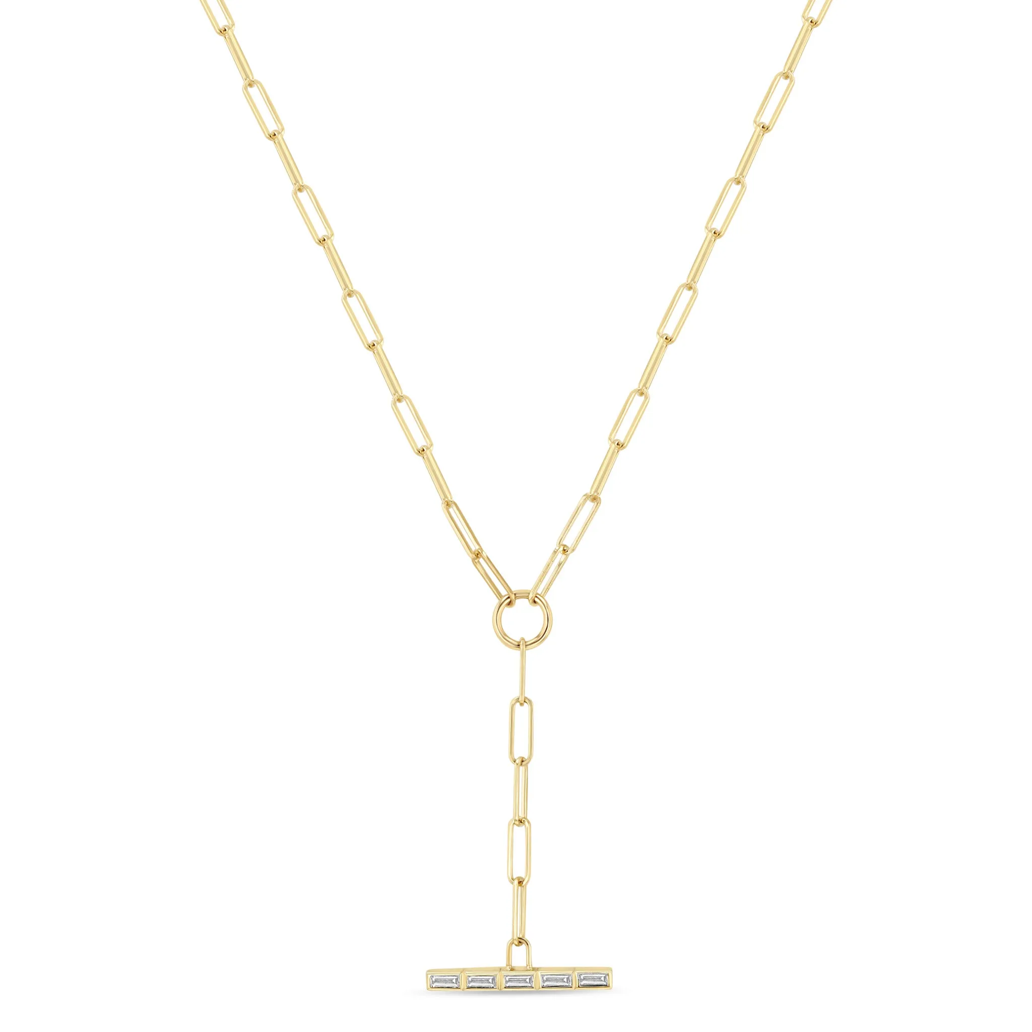 14k Channel Set Baguette Diamond Bar Paperclip Chain Lariat Necklace