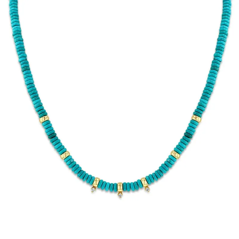 14k Gold & Turquoise Rondelle and Diamond Bead Necklace