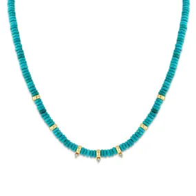 14k Gold & Turquoise Rondelle and Diamond Bead Necklace