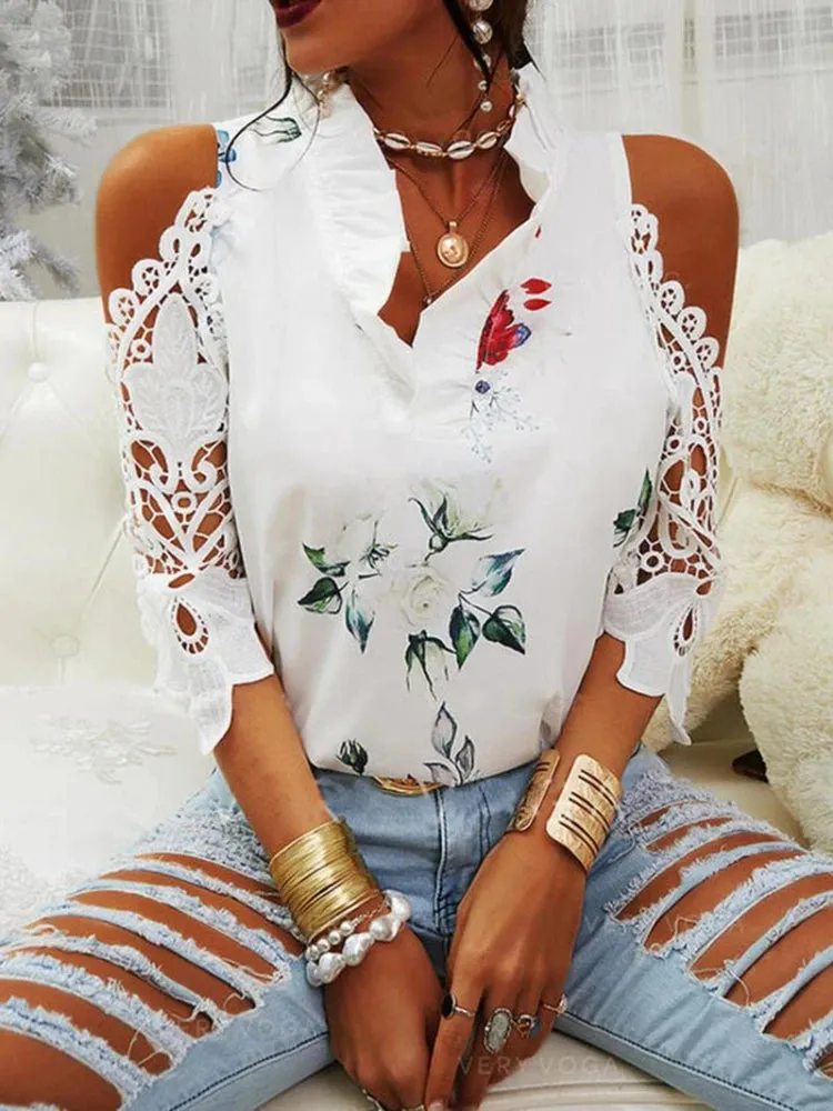 2024 Autumn Sexy Hollow Out Printed V-Neck Elegant Short Sleeve Lace Strapless Casual Top