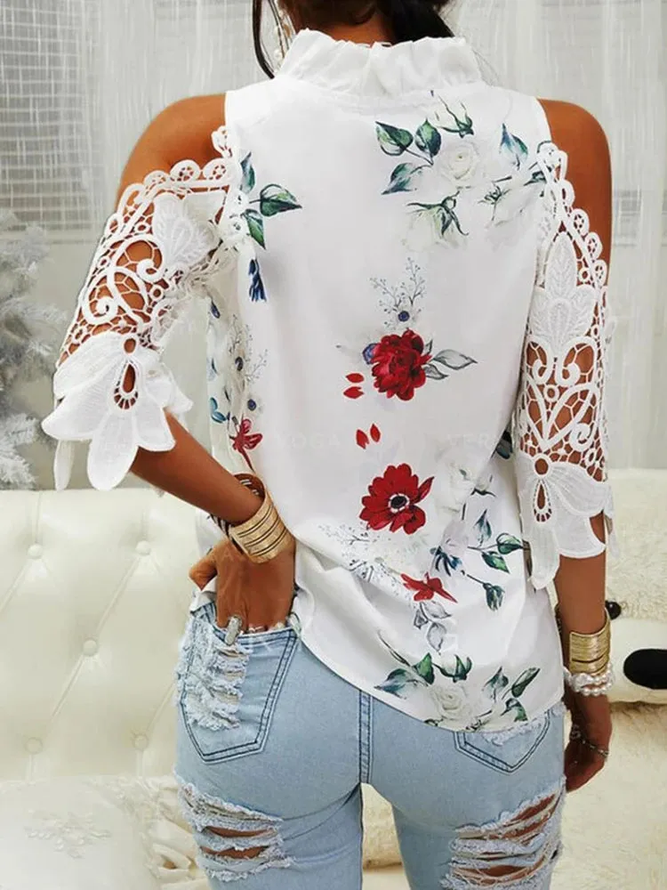 2024 Autumn Sexy Hollow Out Printed V-Neck Elegant Short Sleeve Lace Strapless Casual Top