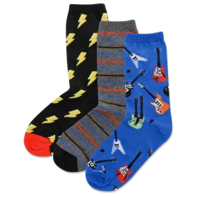 HOTSOX Kid's Electric Guitars, Lightning Bolt, Stripe 3 Pack Crew Socks