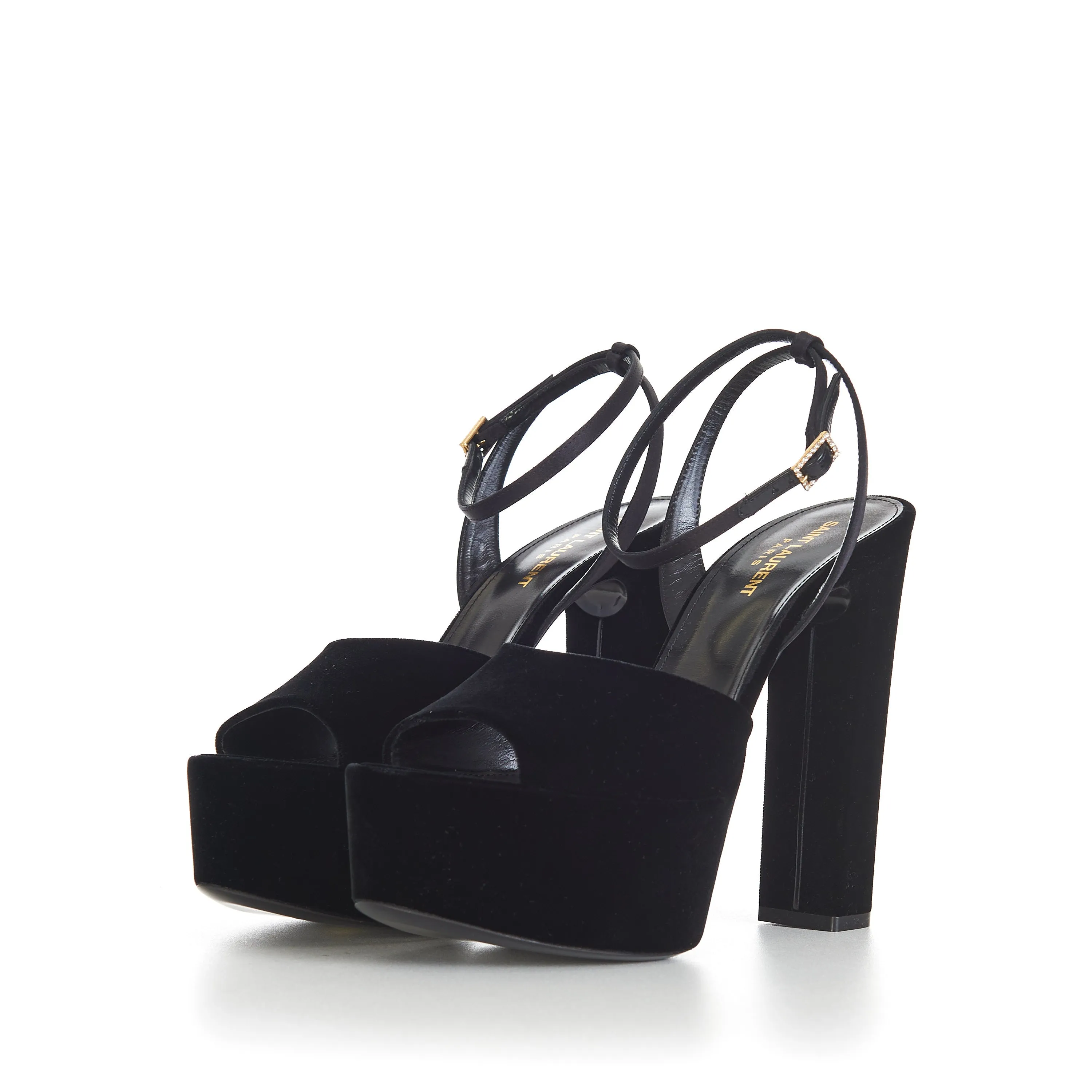 JODIE Black Platform Sandals - Velvet, Peep-Toe, Strass Buckle