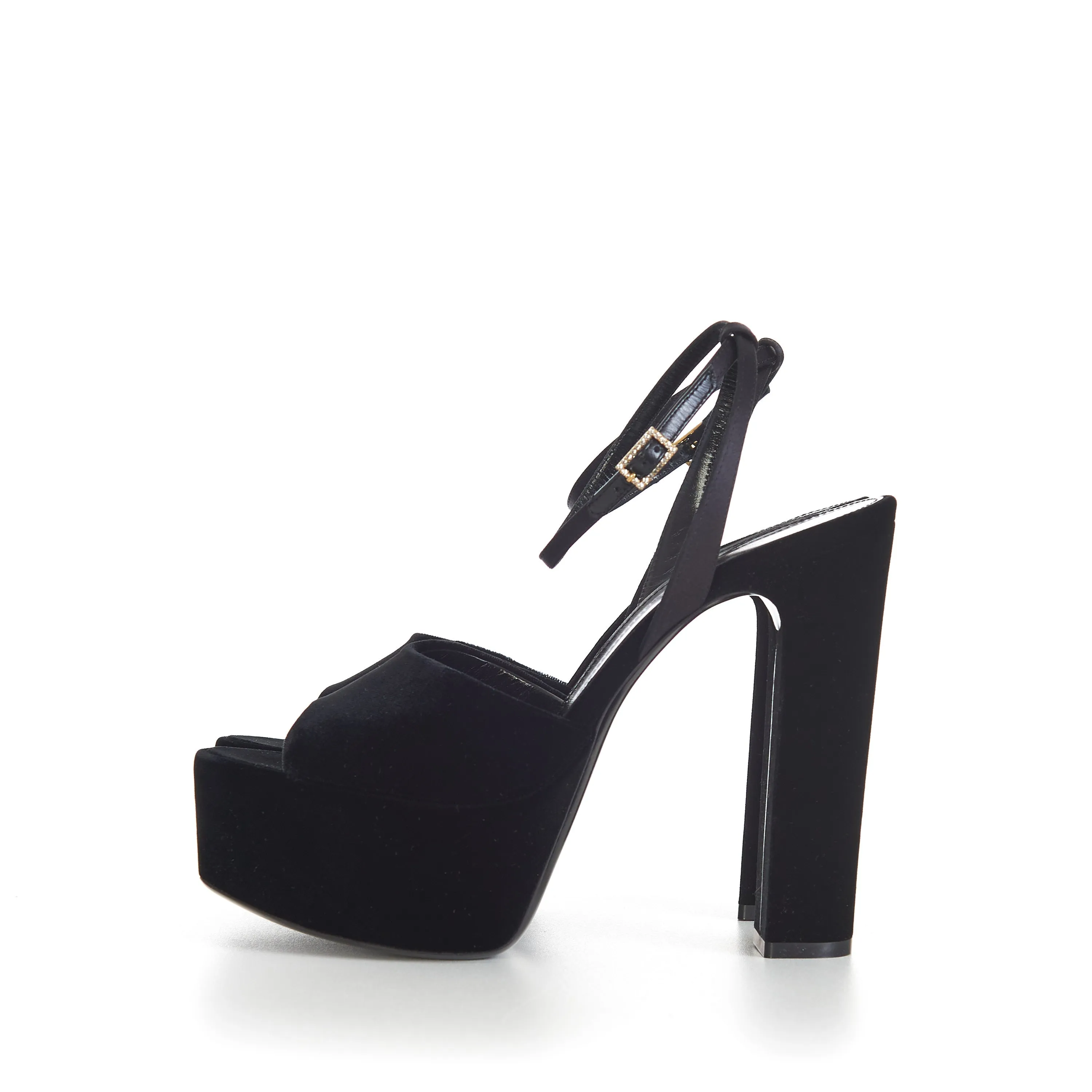 JODIE Black Platform Sandals - Velvet, Peep-Toe, Strass Buckle