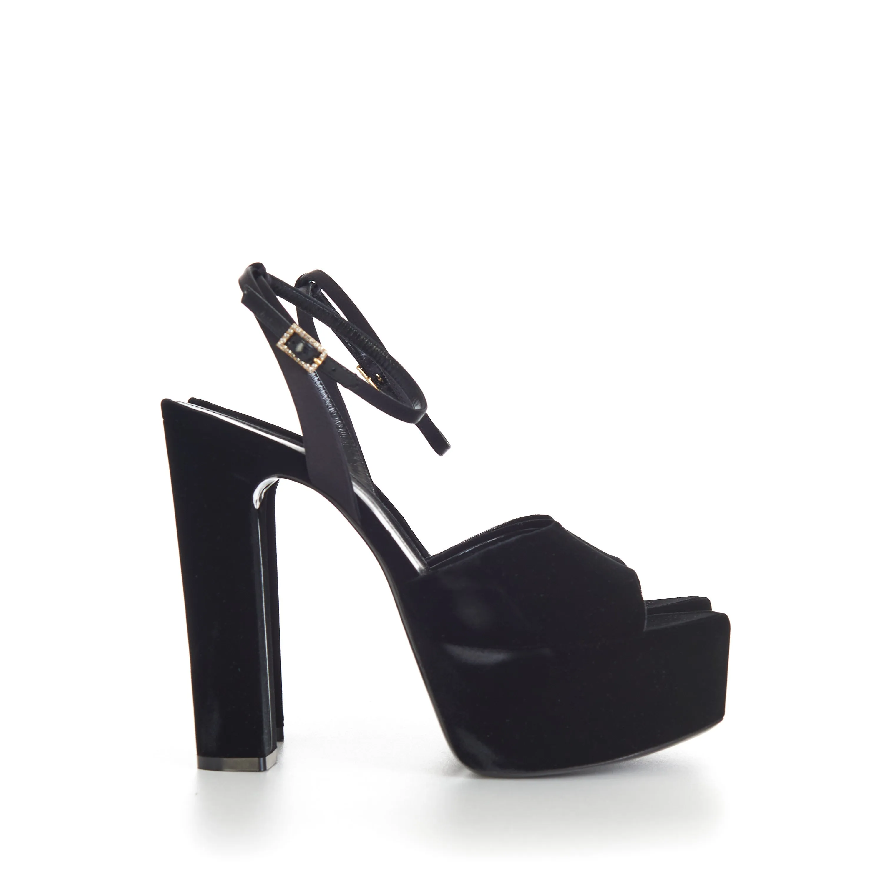 JODIE Black Platform Sandals - Velvet, Peep-Toe, Strass Buckle