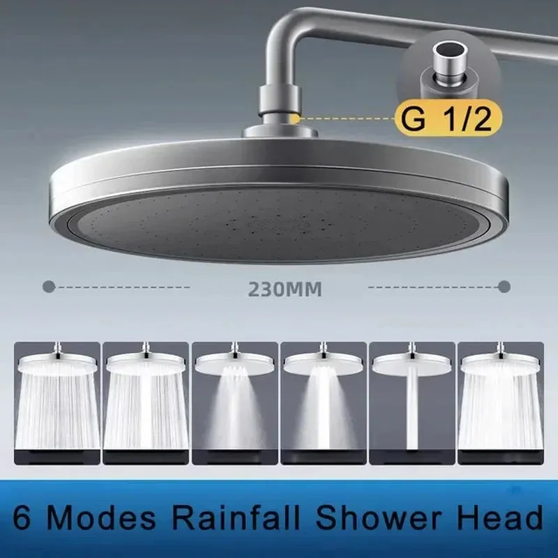 New 230Mm Big Panel Showerhead 6 Mode Supercharge Rainfall Shower Head High Pressure Top Rain Shower Faucet Bathroom Accessories