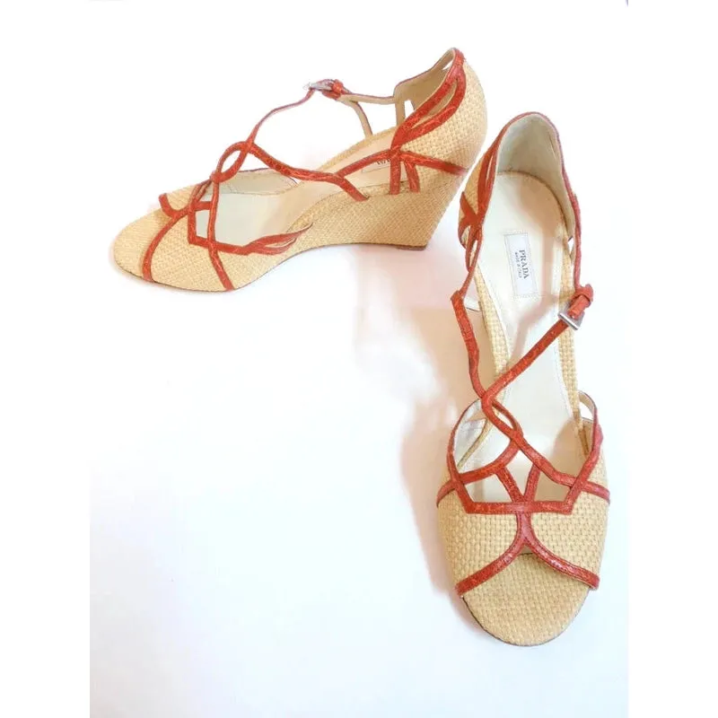 PRADA Woven Straw w/ Orange T-Strap Wedge Sandal | Size 39 - US 8