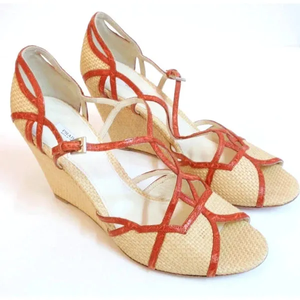 PRADA Woven Straw w/ Orange T-Strap Wedge Sandal | Size 39 - US 8