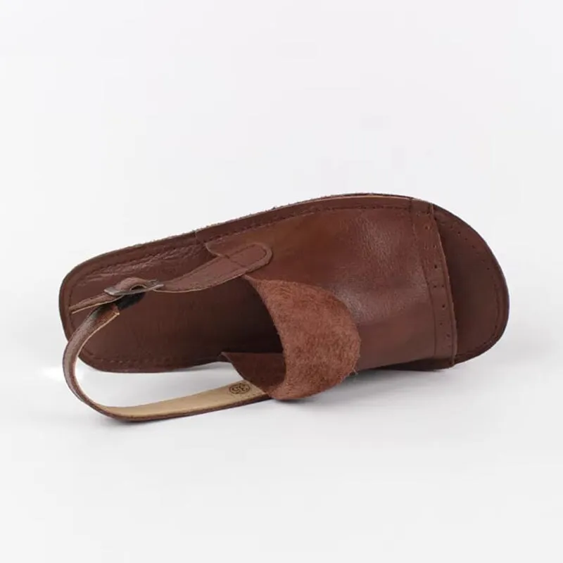 Retro Leather Buckle Sandals Open Toe Handmade Brown/Coffee