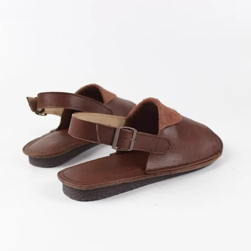 Retro Leather Buckle Sandals Open Toe Handmade Brown/Coffee