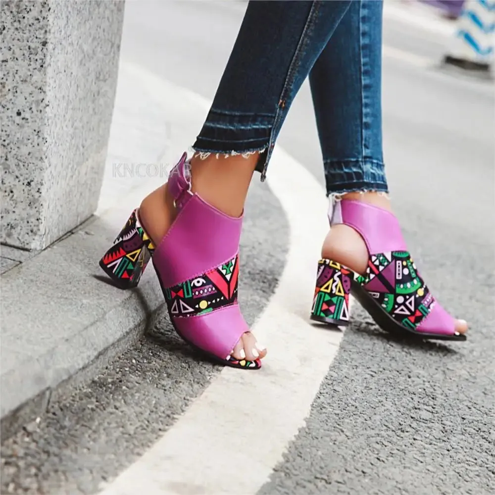 Sandals Ladies Print Thick Heel Fish Mouth Women's Shoes