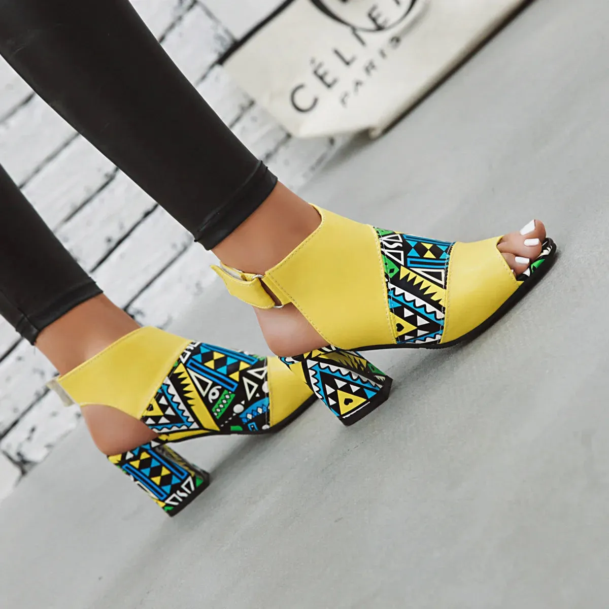 Sandals Ladies Print Thick Heel Fish Mouth Women's Shoes