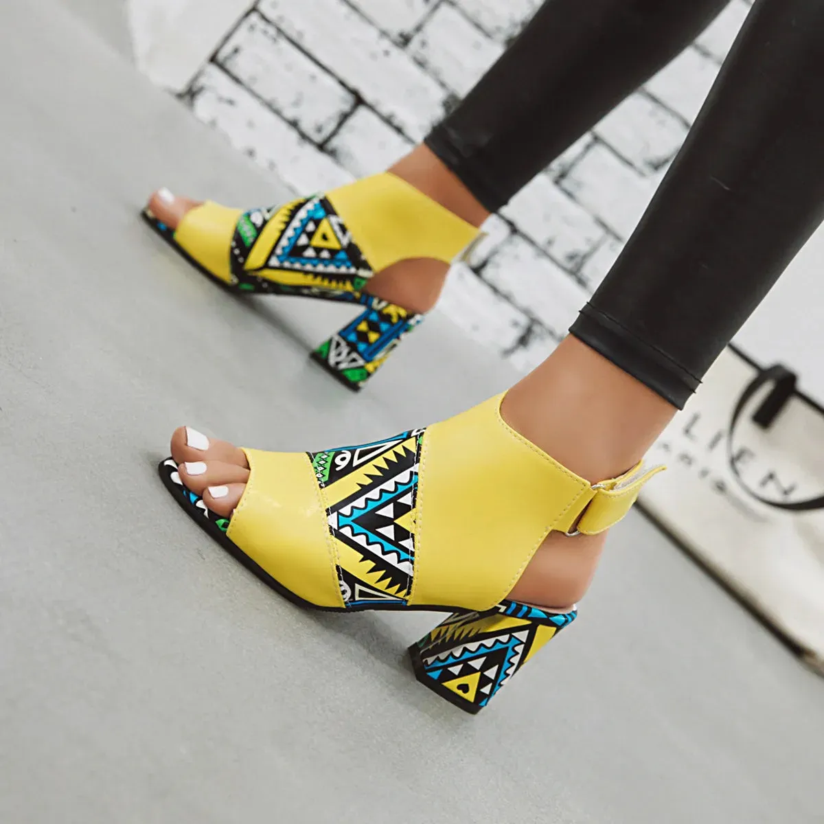 Sandals Ladies Print Thick Heel Fish Mouth Women's Shoes