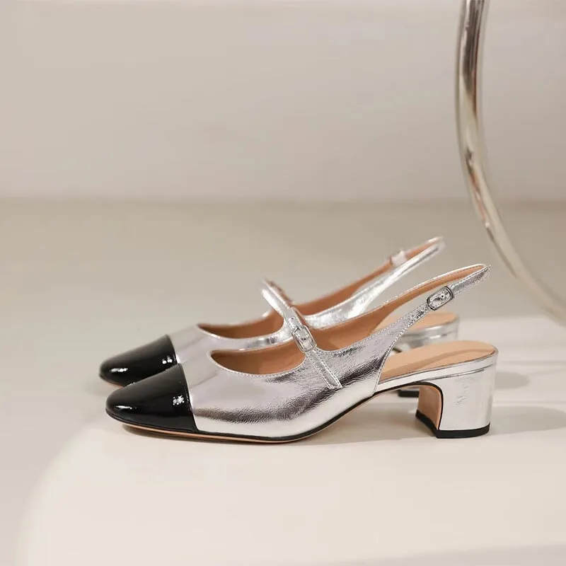 Slingback Leather Mary Jane Pumps Double Strap Block Heel Office Shoes in Silver/Golden